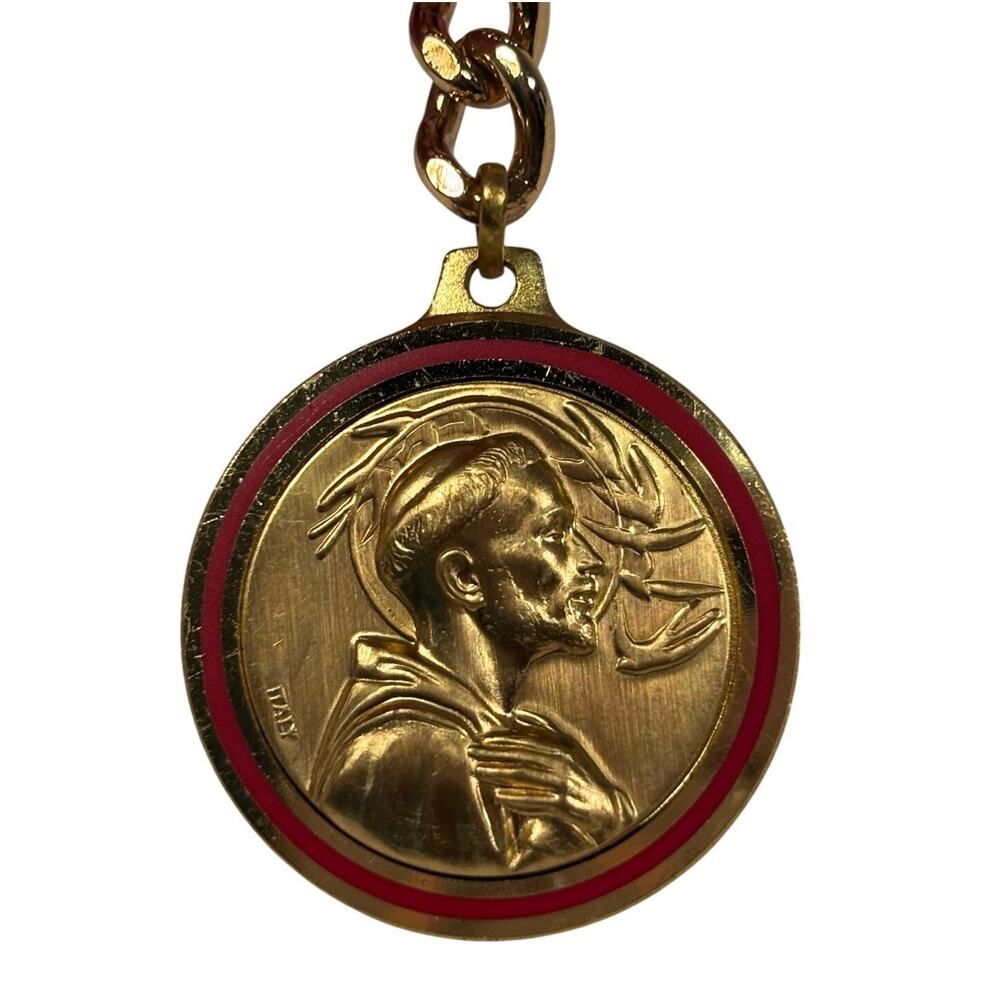 St. Francis of Assisi Medallion Gold Tone Red Enamel Keychain Made in Italy